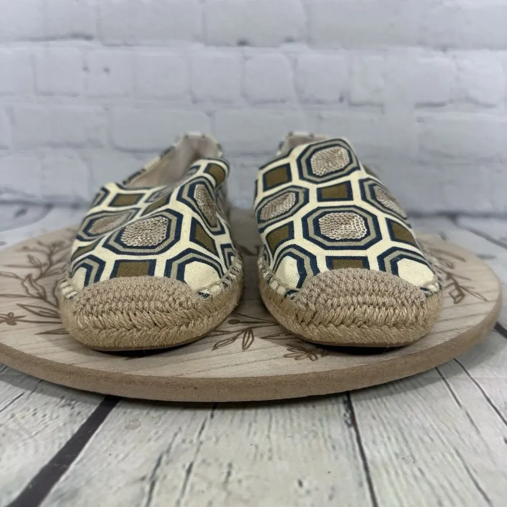Tory Burch Espadrille Flats Size 11 Blue Gold Geometric Sequin Canvas Slip On